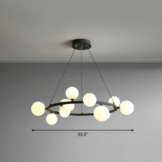 Orb Opal Glass Shade Modern Ring Metal Chandelier Light - Stylish Hanging Lamp 12 / Black