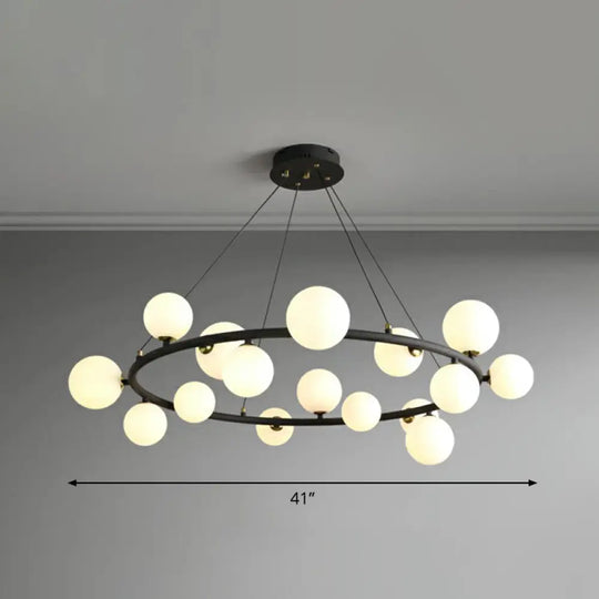 Orb Opal Glass Shade Modern Ring Metal Chandelier Light - Stylish Hanging Lamp 16 / Black