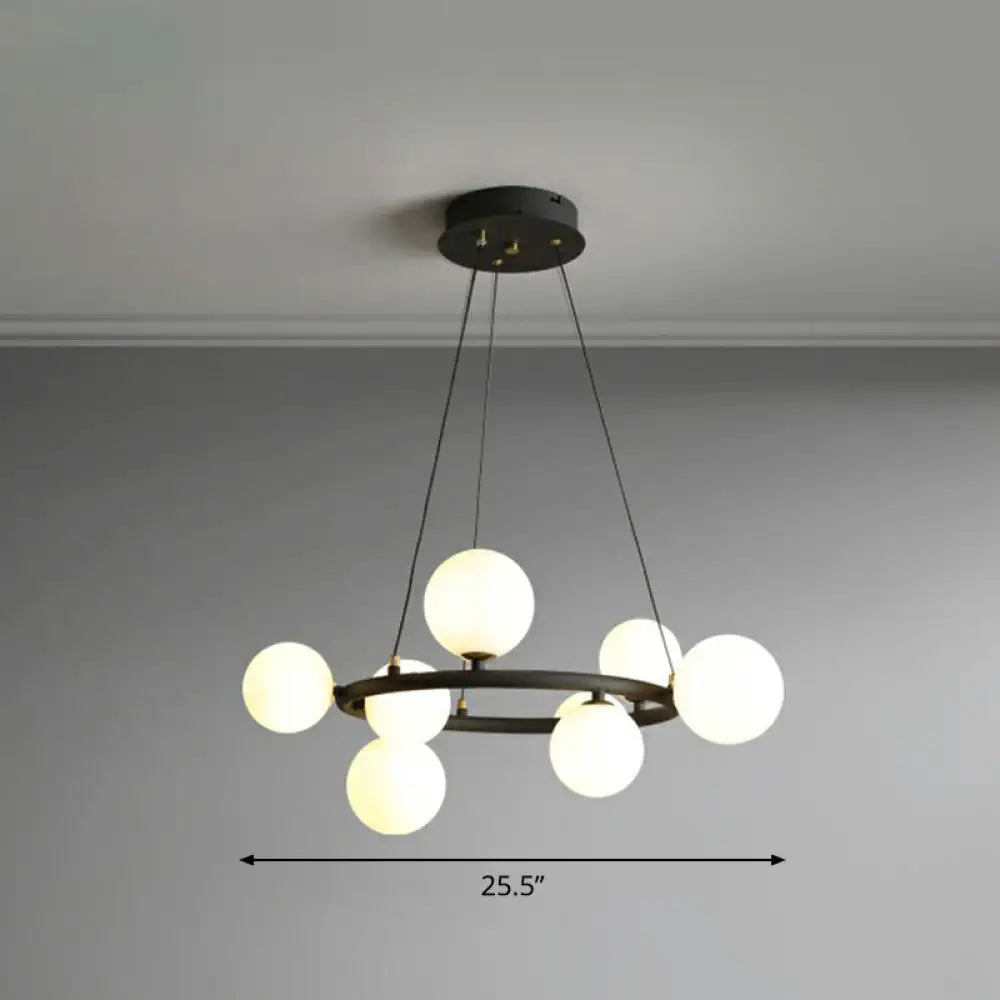 Orb Opal Glass Shade Modern Ring Metal Chandelier Light - Stylish Hanging Lamp 8 / Black