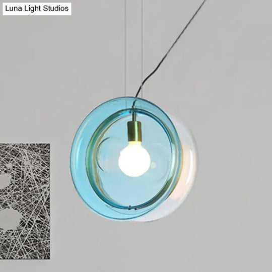 Orbit Corridor Hotel Glass Pendant Lamp With Single Head And Brass Ring Light Blue