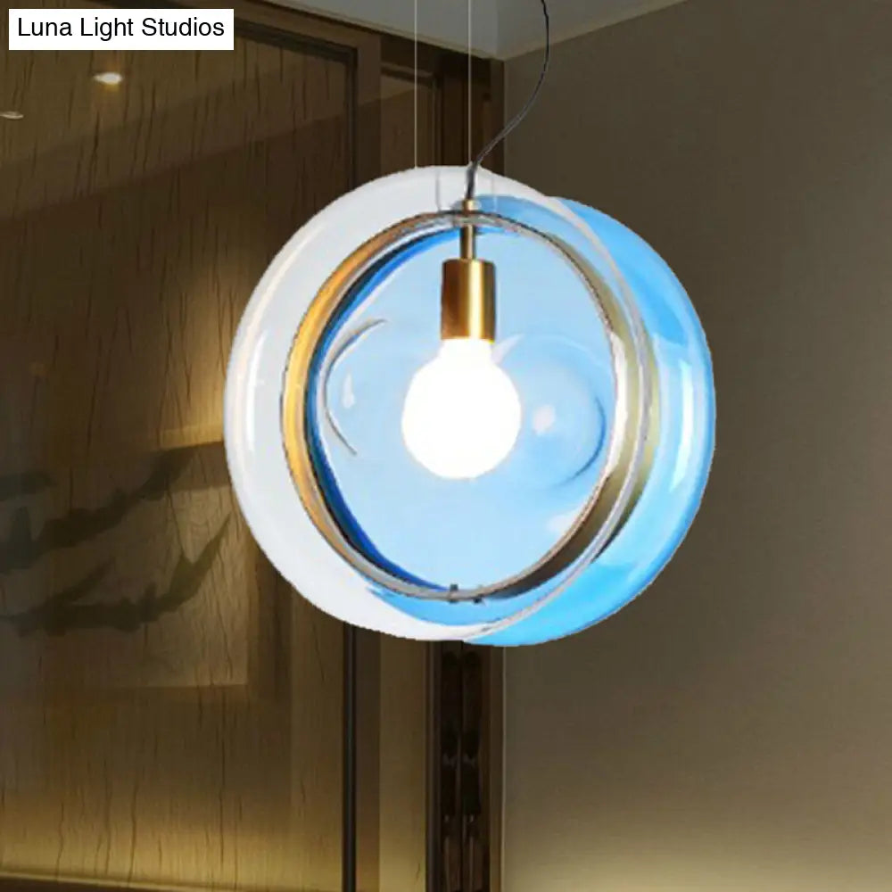 Orbit Corridor Hotel Glass Pendant Lamp With Single Head And Brass Ring Dark Blue