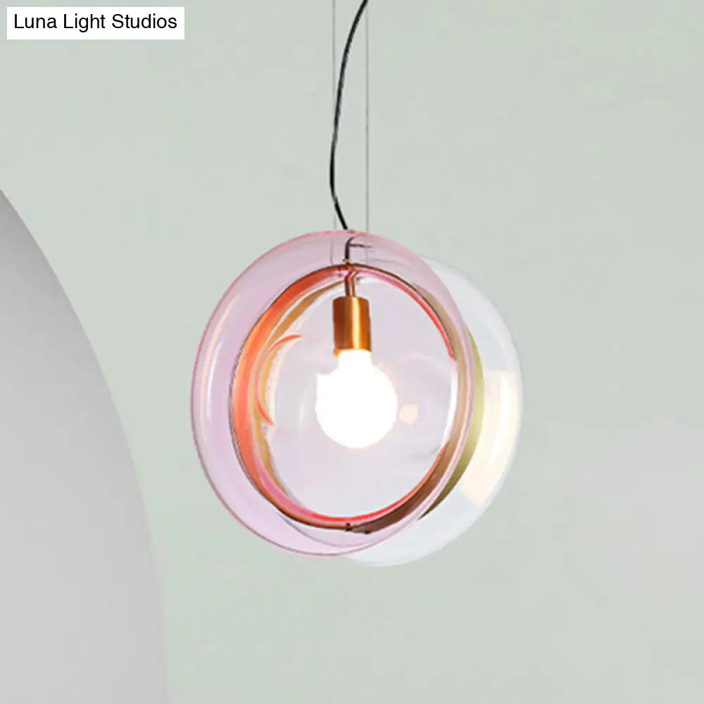 Orbit Corridor Hotel Glass Pendant Lamp With Single Head And Brass Ring Pink