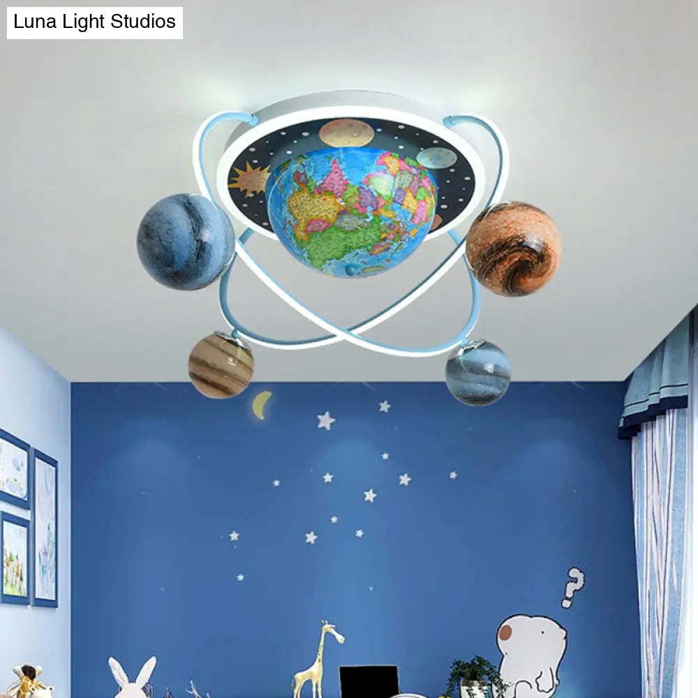 Orbit Flushmount Ceiling Light For Kids Bedrooms Blue Stained Glass 4 Heads
