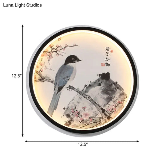 Oriental Circular Metallic Mural Lamp Led Wall Light In Black With Blossom/Bird Pattern