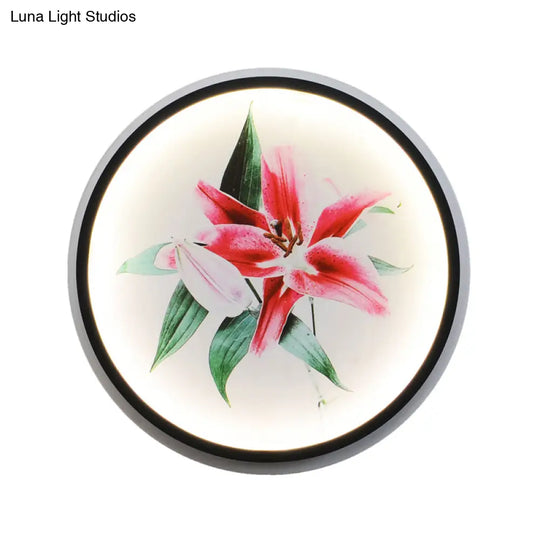 Oriental Circular Metallic Mural Lamp Led Wall Light In Black With Blossom/Bird Pattern