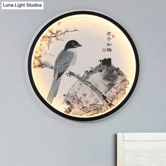 Oriental Circular Metallic Mural Lamp Led Wall Light In Black With Blossom/Bird Pattern