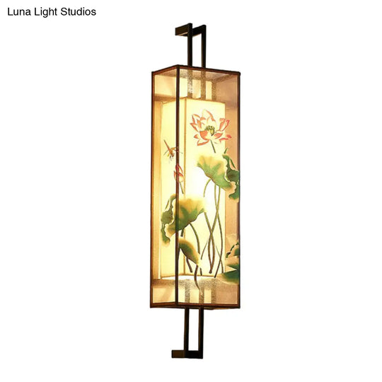 Oriental Fabric Wall Light With Lotus Leaf/Branch Pattern - 2-Head Cuboid Shape In Black