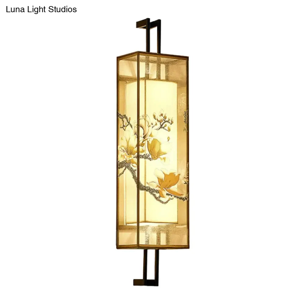 Oriental Fabric Wall Light With Lotus Leaf/Branch Pattern - 2-Head Cuboid Shape In Black