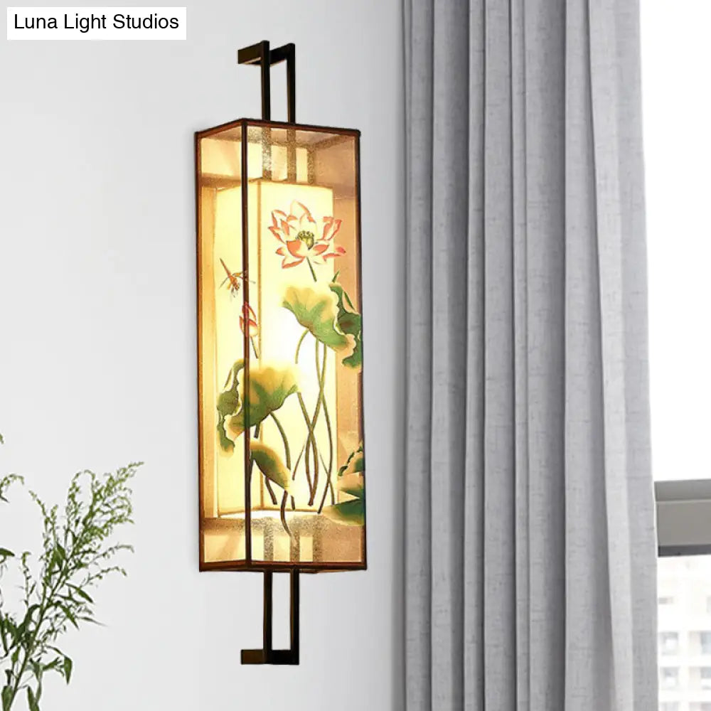 Oriental Fabric Wall Light With Lotus Leaf/Branch Pattern - 2-Head Cuboid Shape In Black