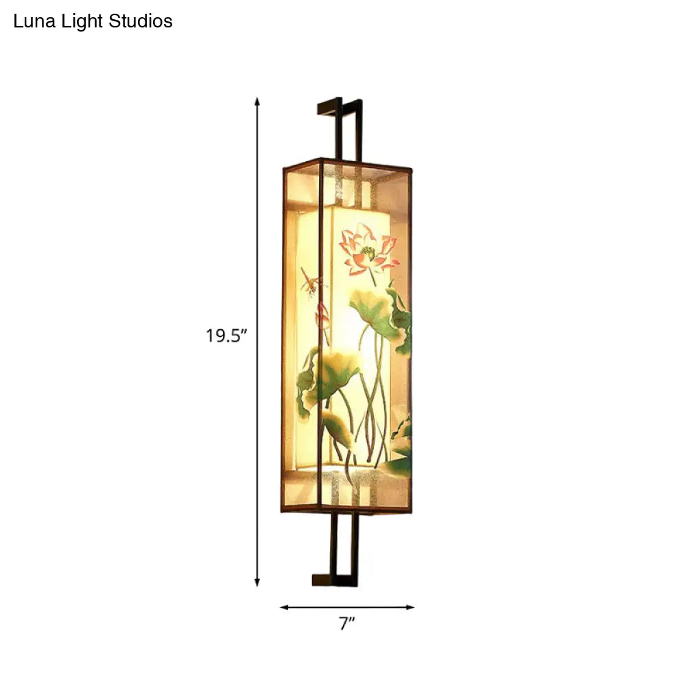 Oriental Fabric Wall Light With Lotus Leaf/Branch Pattern - 2-Head Cuboid Shape In Black