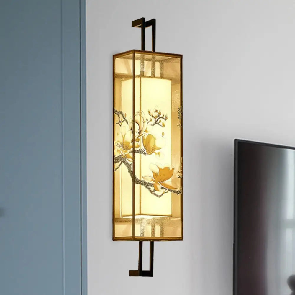 Oriental Fabric Wall Light With Lotus Leaf/Branch Pattern - 2-Head Cuboid Shape In Black / B