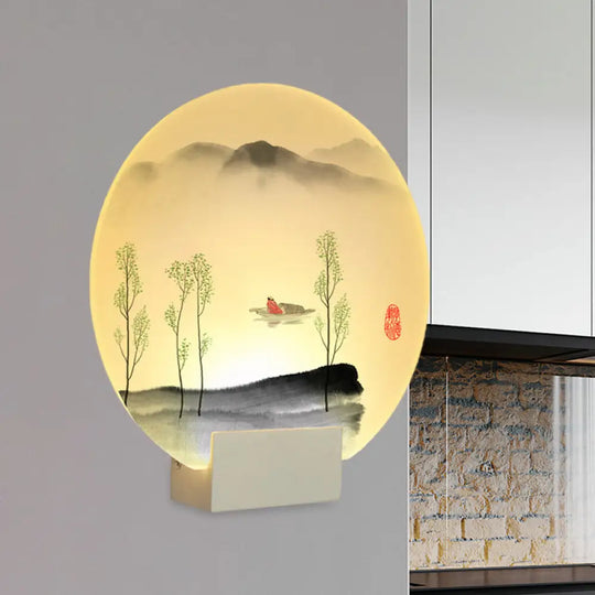 Oriental Led Acrylic Wall Lamp | Circular Mountain Boat Mural White Lighting