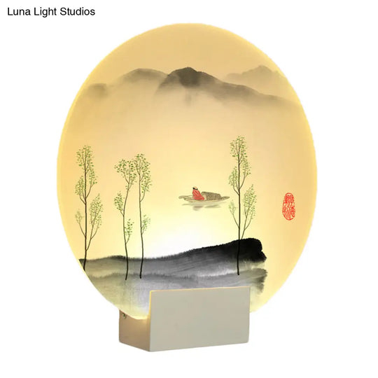 Oriental Led Acrylic Wall Lamp | Circular Mountain Boat Mural White Lighting