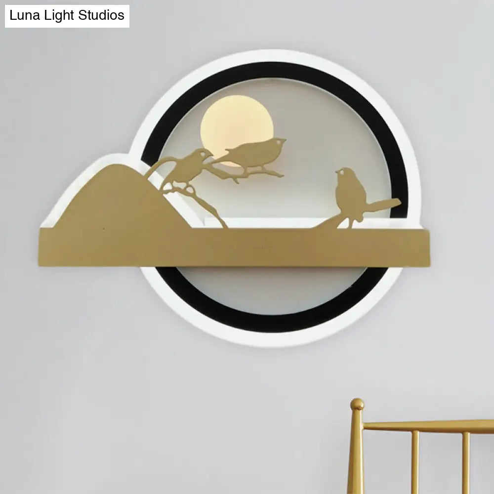 Oriental Led Acrylic Wall Mural Light: Gold Rounded Mounted Fixture With Bird Pattern