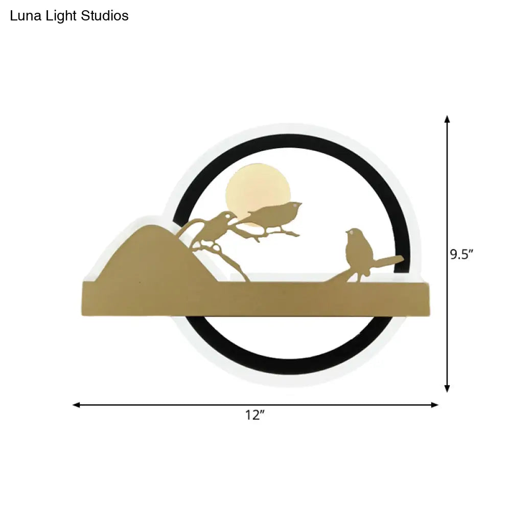 Oriental Led Acrylic Wall Mural Light: Gold Rounded Mounted Fixture With Bird Pattern