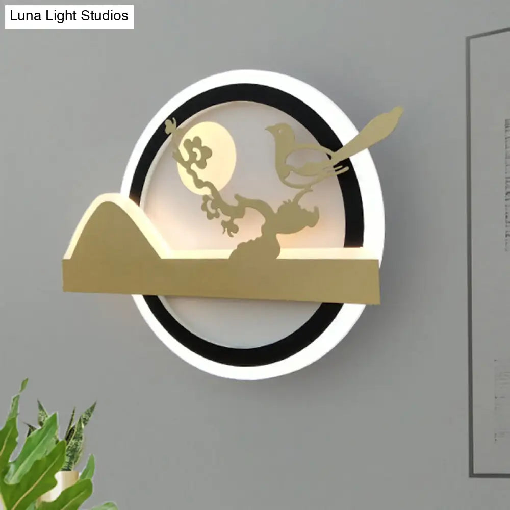 Oriental Led Acrylic Wall Mural Light: Gold Rounded Mounted Fixture With Bird Pattern