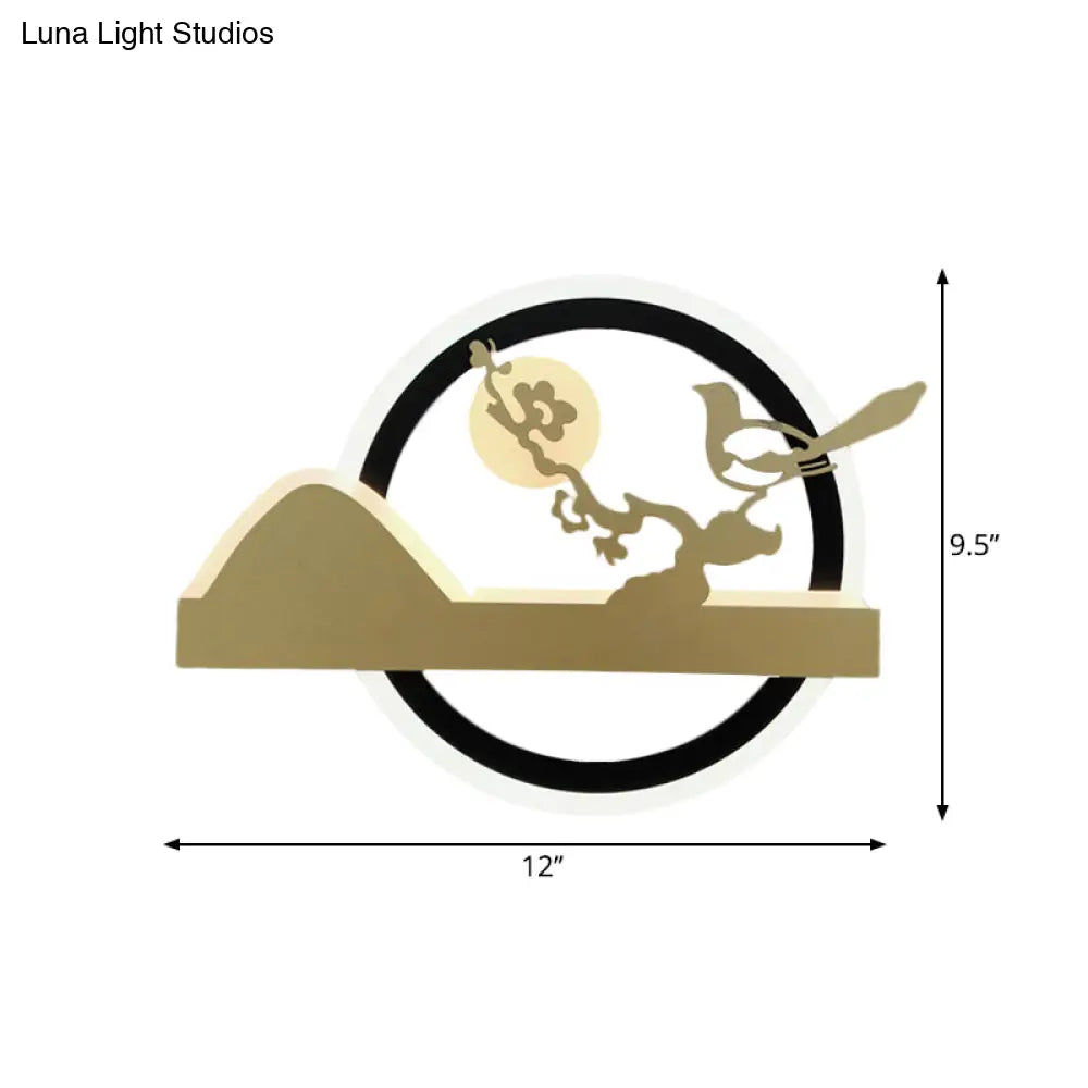 Oriental Led Acrylic Wall Mural Light: Gold Rounded Mounted Fixture With Bird Pattern