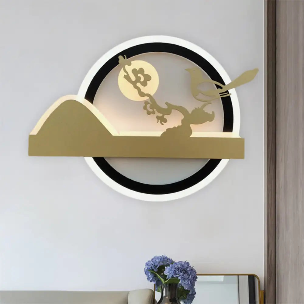 Oriental Led Acrylic Wall Mural Light: Gold Rounded Mounted Fixture With Bird Pattern / B