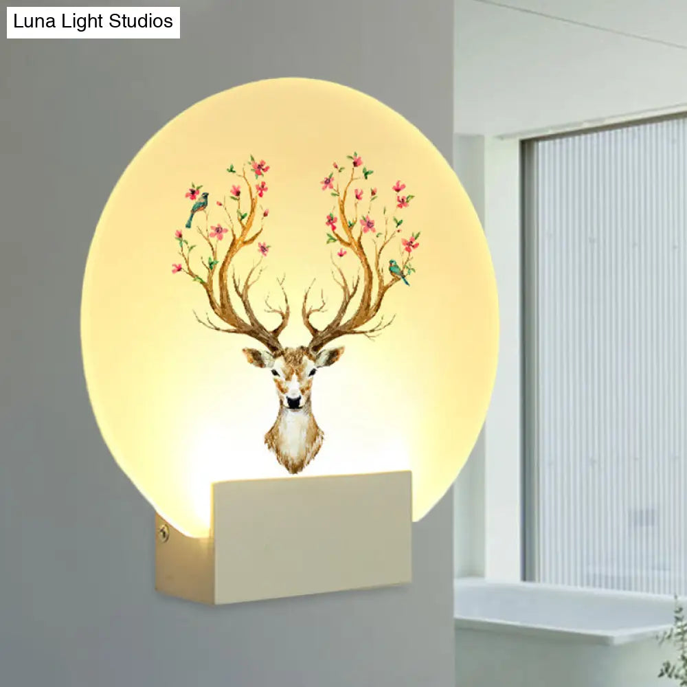 Oriental Style Circular Guest Room Elk Deer Mural Led Wall Light Fixture In White