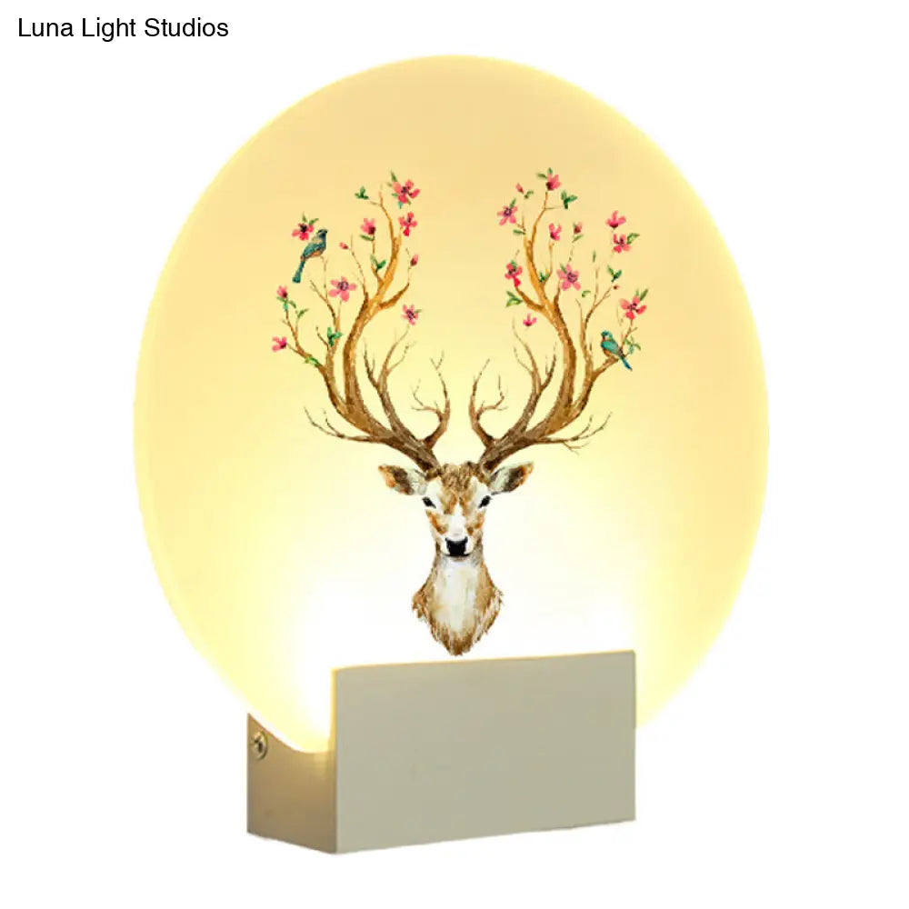 Oriental Style Circular Guest Room Elk Deer Mural Led Wall Light Fixture In White