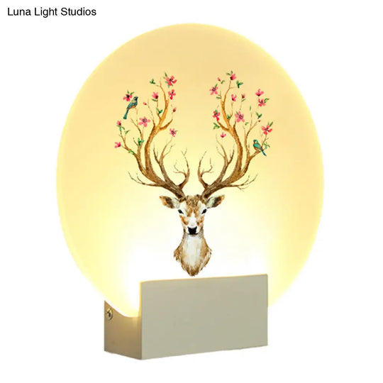 Oriental Style Circular Guest Room Elk Deer Mural Led Wall Light Fixture In White