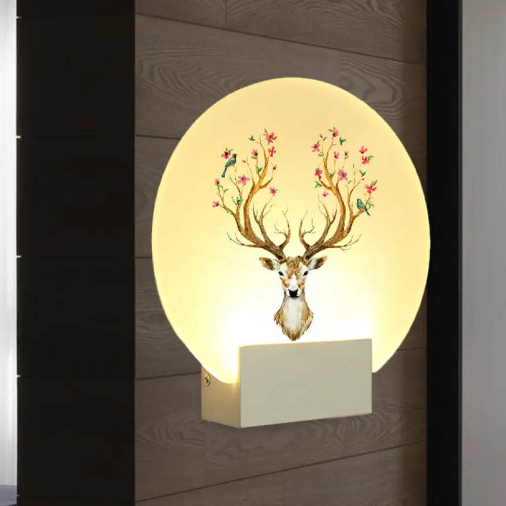 Oriental Style Circular Guest Room Elk Deer Mural Led Wall Light Fixture In White