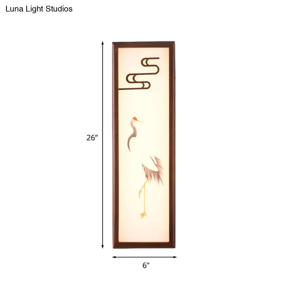 Oriental Style Led Bedside Wall Light With Brown Crane Patterned Mural And Wood Frame