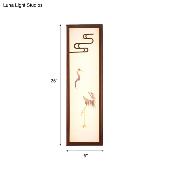 Oriental Style Led Bedside Wall Light With Brown Crane Patterned Mural And Wood Frame