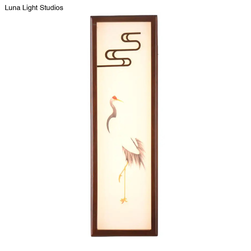 Oriental Style Led Bedside Wall Light With Brown Crane Patterned Mural And Wood Frame