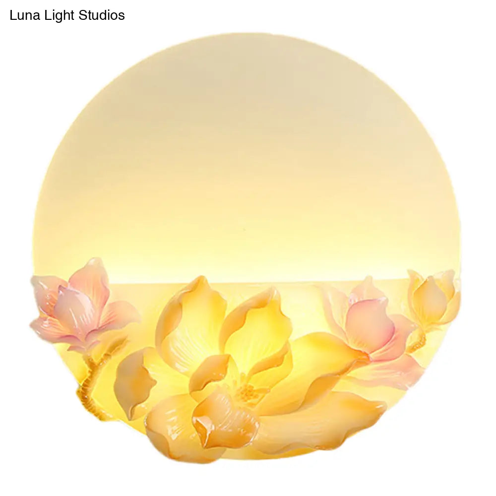 Oriental Style Led Magnolia Wall Light - Pink And White Circular Acrylic Mural