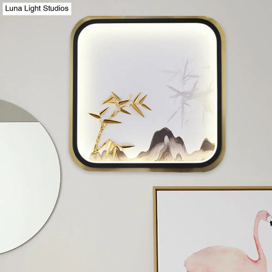 Oriental Style Led Wall Lamp In Gold With Bamboo And Mountain Pattern For Bedroom