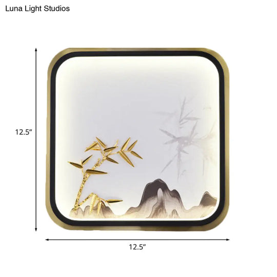 Oriental Style Led Wall Lamp In Gold With Bamboo And Mountain Pattern For Bedroom