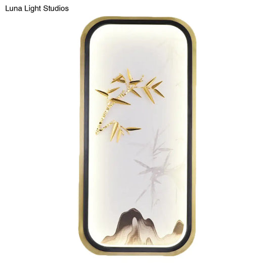 Oriental Style Led Wall Lamp In Gold With Bamboo And Mountain Pattern For Bedroom