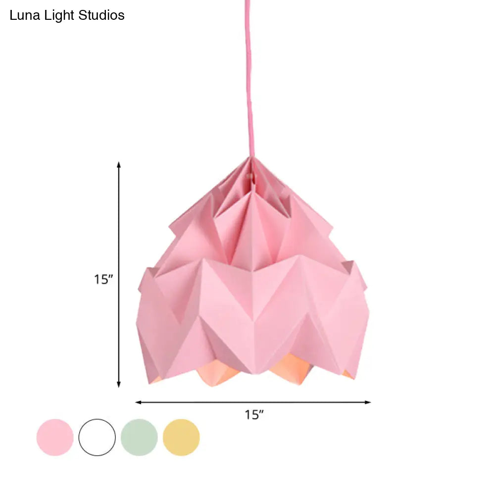 Origami Ceiling Pendant Light Macaron Paper 9.5’/15’ Dia 1-Light Hanging Lamp - Pink/White/Green