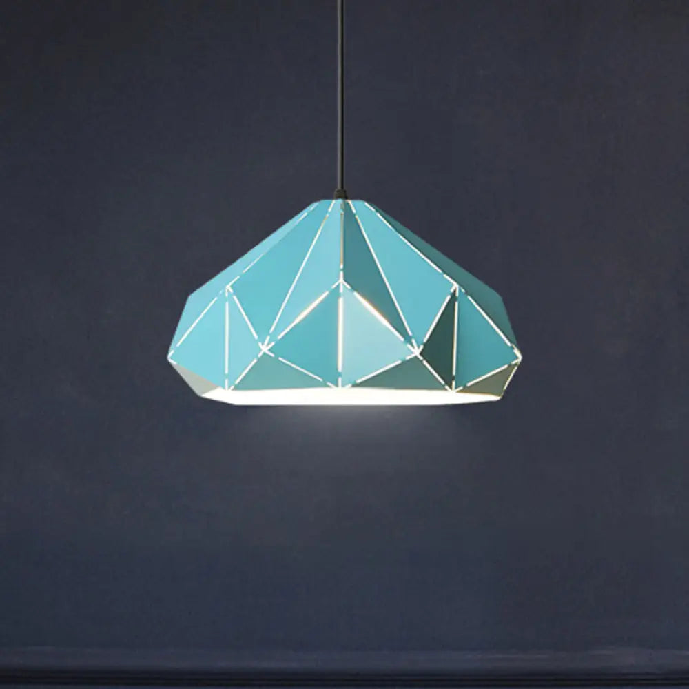 Origami Metal Hanging Pendant Light - Contemporary 1-Light Ceiling In Blue/Pink/Yellow Blue