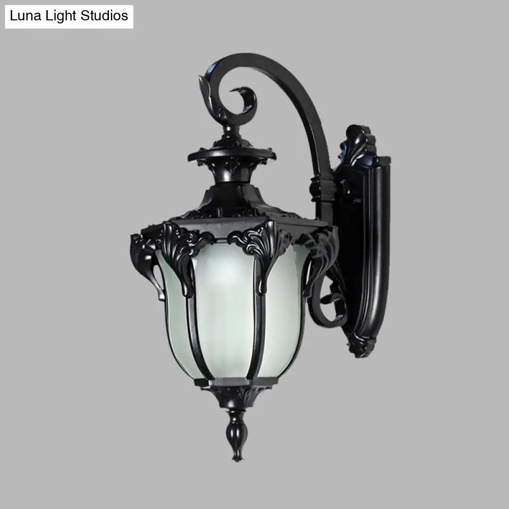 Outdoor Acorn Sconce Light Fixture With Swirl Arm And White Glass - Black/Brass Finish Wall Lamp