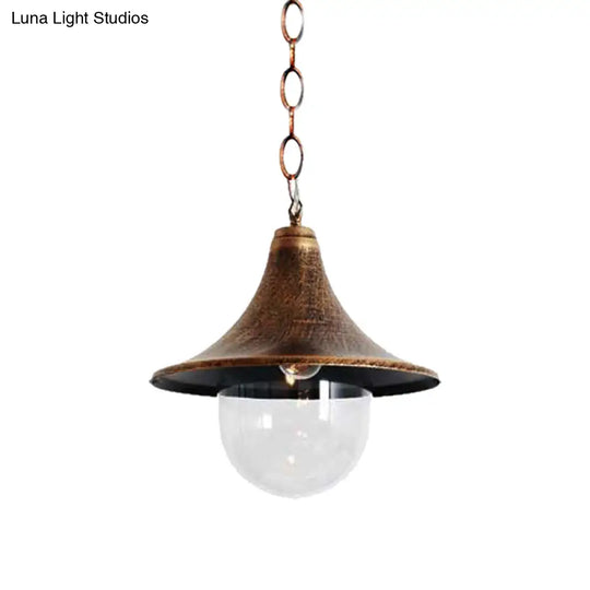 Outdoor Antique Flared Pendant Light With Clear Glass Shade - Rust/Black Finish 1 Bulb Hanging Lamp