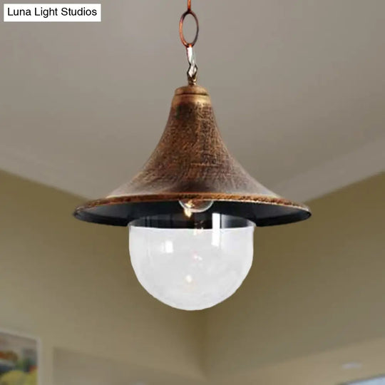 Rust/Black Antique Flared Pendant Light With Clear Glass Shade For Outdoor - 1 Bulb Hanging Lamp