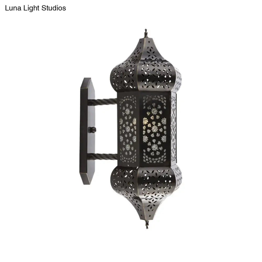 Outdoor Arab Lantern Wall Sconce - 1 Light Metallic Black Mount Lamp