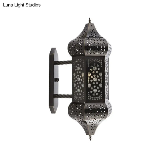 Outdoor Arab Lantern Wall Sconce - 1 Light Metallic Black Mount Lamp