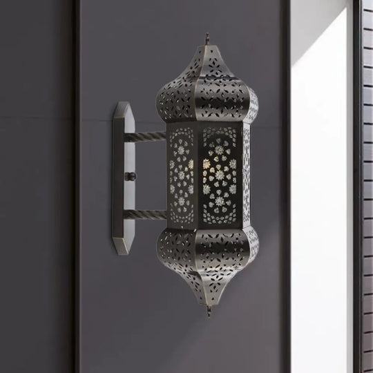 Outdoor Arab Lantern Wall Sconce - 1 Light Metallic Black Mount Lamp