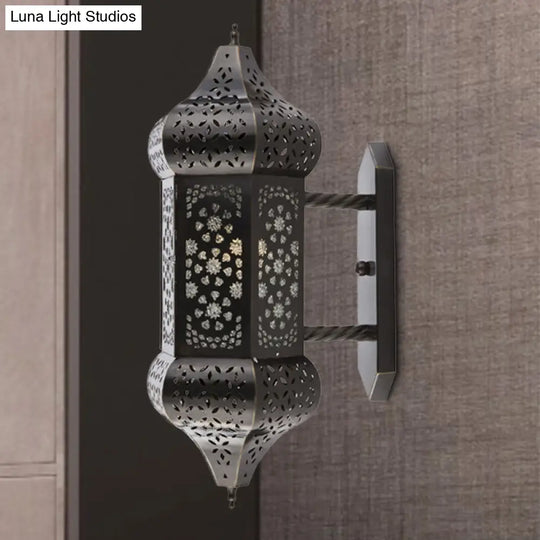 Outdoor Arab Lantern Wall Sconce - 1 Light Metallic Black Mount Lamp