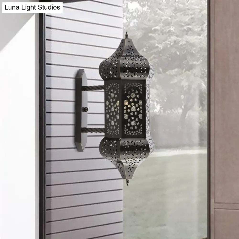 Outdoor Arab Lantern Wall Sconce - 1 Light Metallic Black Mount Lamp