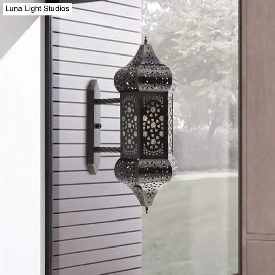 Outdoor Arab Lantern Wall Sconce - 1 Light Metallic Black Mount Lamp