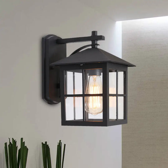 Outdoor Black Wall Sconce Light With Clear Glass Cuboid Fixture - 1 Head