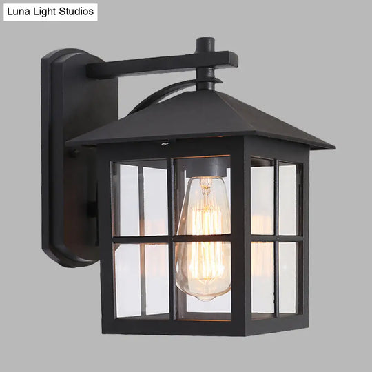 Outdoor Black Wall Sconce Light With Clear Glass Cuboid Fixture - 1 Head