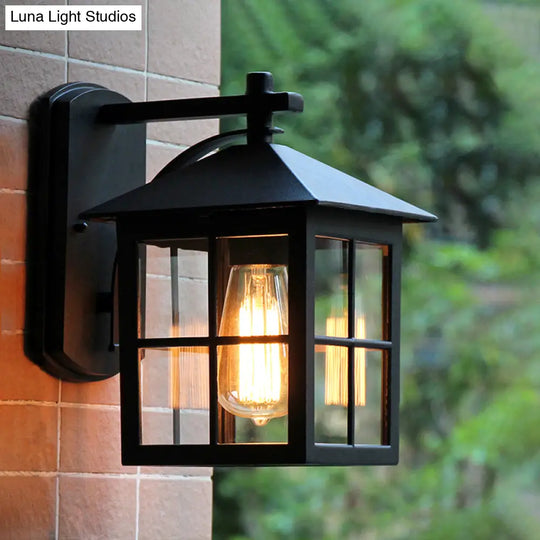 Outdoor Black Wall Sconce Light With Clear Glass Cuboid Fixture - 1 Head