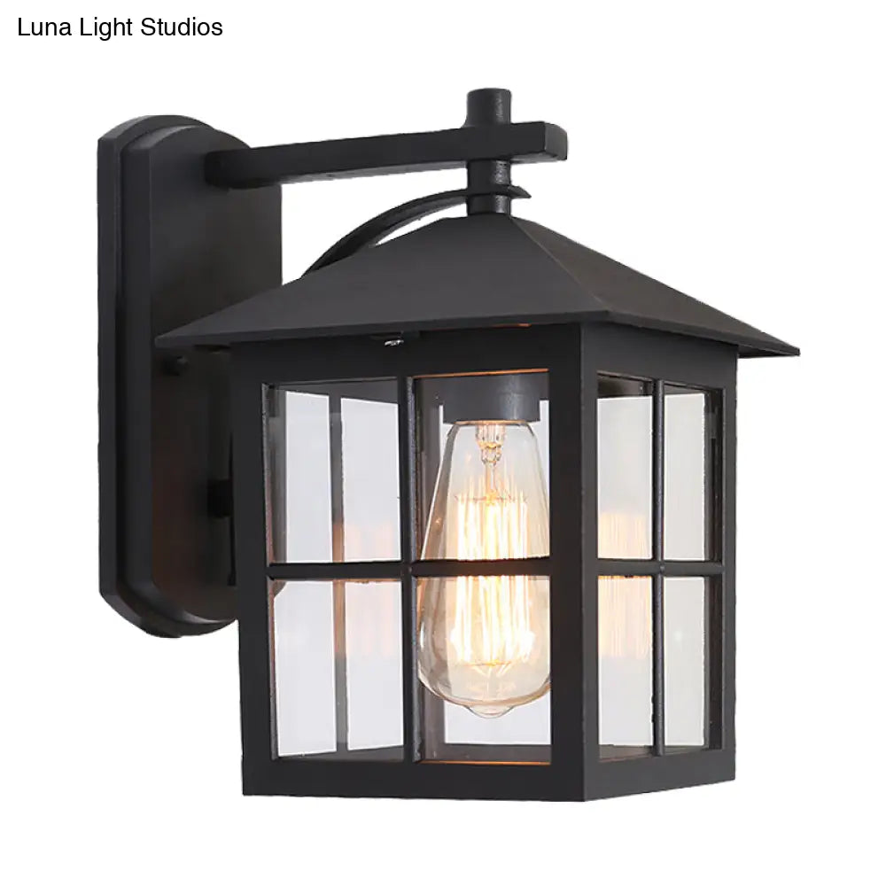 Outdoor Black Wall Sconce Light With Clear Glass Cuboid Fixture - 1 Head