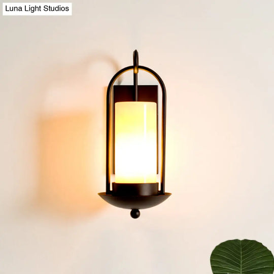 Outdoor Black Wall Sconce Light With Countryside Marble Cylindrical Design