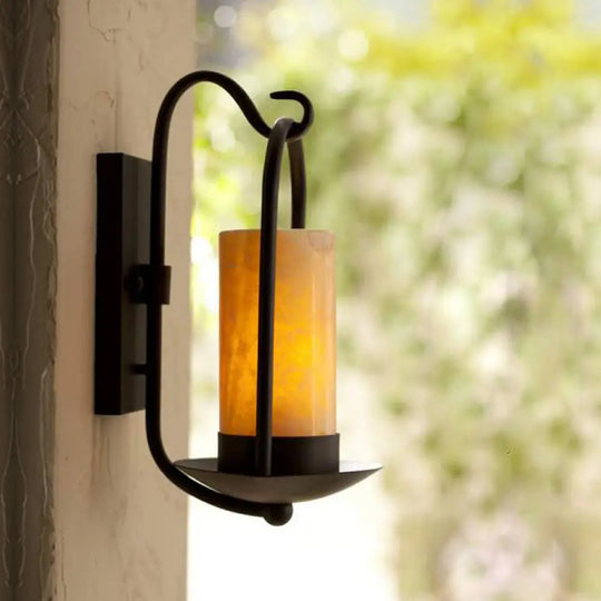 Outdoor Black Wall Sconce Light With Countryside Marble Cylindrical Design